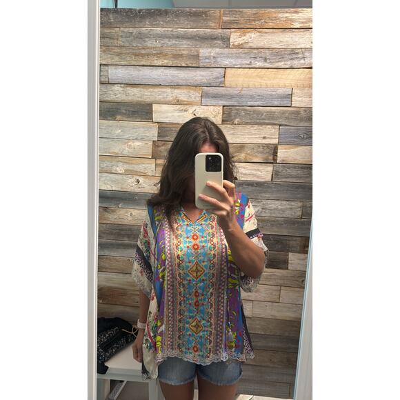 Johnny Was Multicolor Dolman Sleeve Tunic Eyelet Trim, Rayon Small - Picture 3 of 11